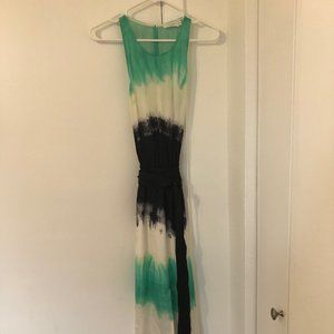 ALC 100% silk green white black watercolor pattern belted dress W/ POCKETS Sz 10